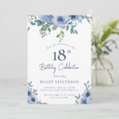 Waterverf Dusty Blue Floral 18e Chique Verjaardag Kaart (Staand voorkant)