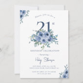 Waterverf Dusty Blue Floral 21st Chic Birthday In Kaart (Voorkant)