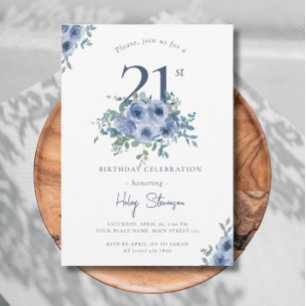 Waterverf Dusty Blue Floral 21st Chic Birthday In Kaart