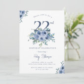 Waterverf Dusty Blue Floral 22e Chique Verjaardag Kaart (Staand voorkant)
