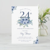 Waterverf Dusty Blue Floral 24e Chique Verjaardag Kaart (Staand voorkant)