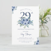 Waterverf Dusty Blue Floral 29e Chique Verjaardag Kaart (Staand voorkant)