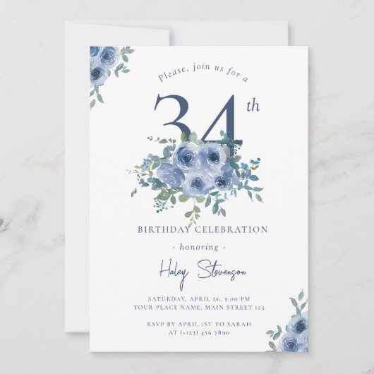 Waterverf Dusty Blue Floral 34e Chique Verjaardag Kaart (Voorkant)