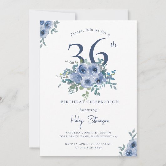 Waterverf Dusty Blue Floral 36e Chique Verjaardag Kaart (Voorkant)