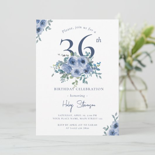 Waterverf Dusty Blue Floral 36e Chique Verjaardag Kaart (Staand voorkant)
