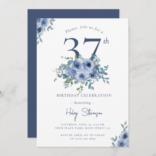 Waterverf Dusty Blue Floral 37e Chique Verjaardag Kaart (Voorkant / Achterkant)