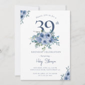 Waterverf Dusty Blue Floral 39e Chique Verjaardag Kaart (Voorkant)