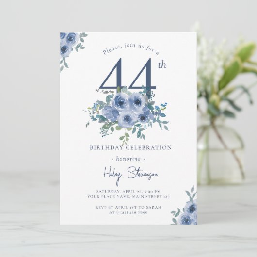 Waterverf Dusty Blue Floral 44e Chique Verjaardag Kaart (Staand voorkant)