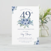 Waterverf Dusty Blue Floral 49th Chic Verjaardag Kaart (Staand voorkant)