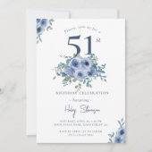 Waterverf Dusty Blue Floral 51e Chique Verjaardag Kaart (Voorkant)