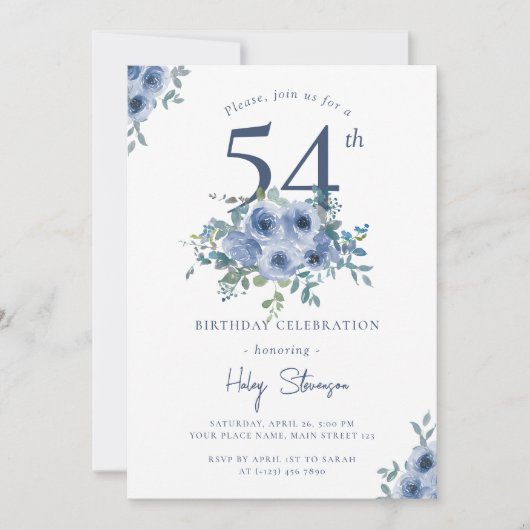 Waterverf Dusty Blue Floral 54e Chique Verjaardag Kaart (Voorkant)