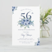 Waterverf Dusty Blue Floral 56e Chique Verjaardag Kaart (Staand voorkant)
