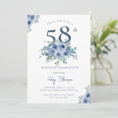 Waterverf Dusty Blue Floral 58e Chique Verjaardag Kaart (Staand voorkant)