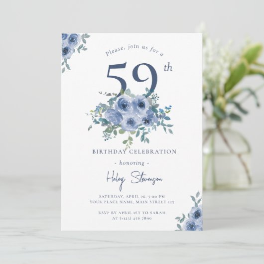 Waterverf Dusty Blue Floral 59e Chique Verjaardag Kaart (Staand voorkant)