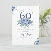 Waterverf Dusty Blue Floral 60e Chique Verjaardag Kaart (Staand voorkant)