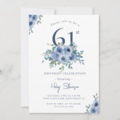 Waterverf Dusty Blue Floral 61st Chique Verjaardag Kaart (Voorkant)