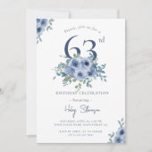 Waterverf Dusty Blue Floral 63e Chique Verjaardag Kaart (Voorkant)