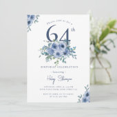 Waterverf Dusty Blue Floral 64e Chique Verjaardag Kaart (Staand voorkant)