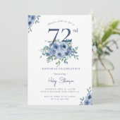 Waterverf Dusty Blue Floral 72e Chique Verjaardag Kaart (Staand voorkant)