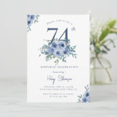 Waterverf Dusty Blue Floral 74e Chique Verjaardag Kaart (Staand voorkant)