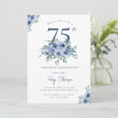 Waterverf Dusty Blue Floral 75e Chique Verjaardag Kaart (Staand voorkant)