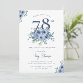 Waterverf Dusty Blue Floral 78e Chique Verjaardag Kaart (Staand voorkant)