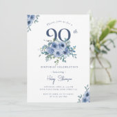Waterverf Dusty Blue Floral 90e Chique Verjaardag Kaart (Staand voorkant)
