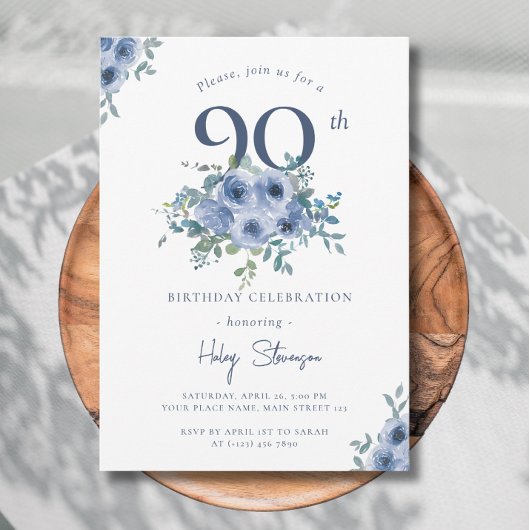Waterverf Dusty Blue Floral 90e Chique Verjaardag Kaart