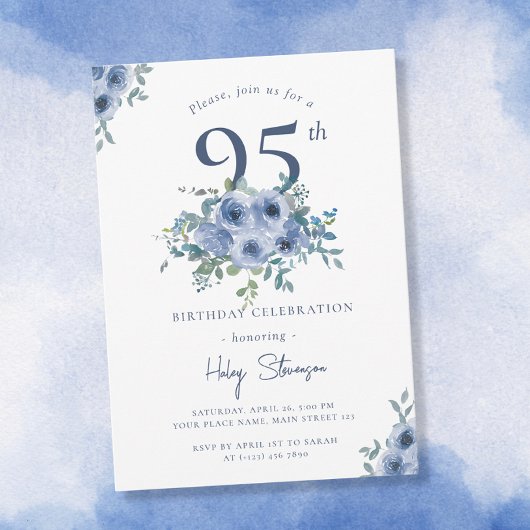Waterverf Dusty Blue Floral 95th Chic Verjaardag Kaart