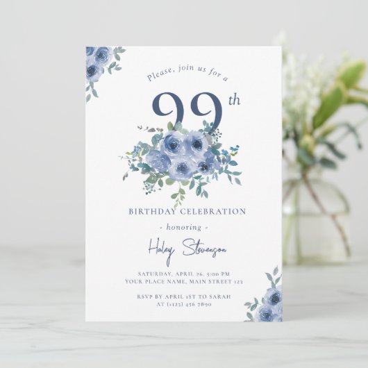 Waterverf Dusty Blue Floral 99th Chic Verjaardag Kaart (Staand voorkant)