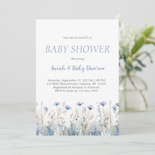 Waterverf Dusty Blue Floral Baby shower Kaart (Staand voorkant)