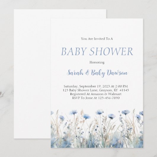 Waterverf Dusty Blue Floral Baby shower Kaart (Voorkant / Achterkant)