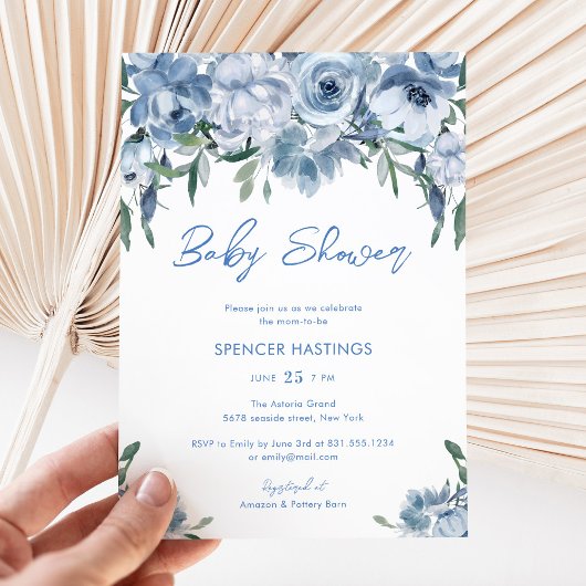 Waterverf Dusty Blue Floral Baby shower Kaart