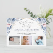 Waterverf Dusty Blue Floral Boy 3 Foto Geboorte Aankondiging (Staand voorkant)