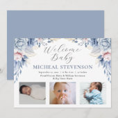 Waterverf Dusty Blue Floral Boy 3 Foto Geboorte Aankondiging (Voorkant / Achterkant)