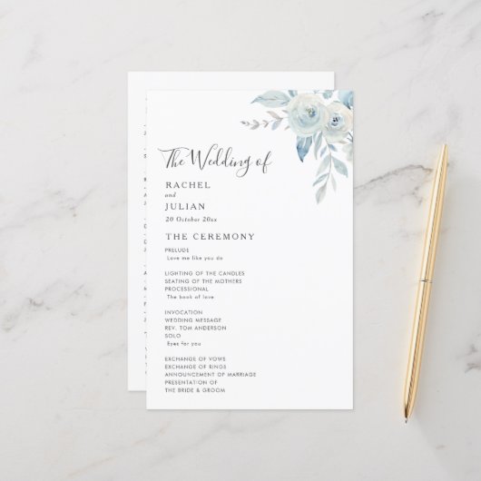 Waterverf dusty blue floral bruiloft programma (Voorkant / Achterkant in situ)