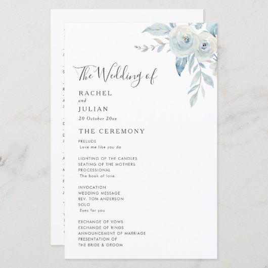 Waterverf dusty blue floral bruiloft programma (Voorkant / Achterkant)