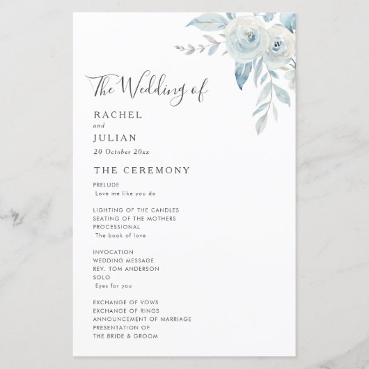 Waterverf dusty blue floral bruiloft programma (Voorkant)