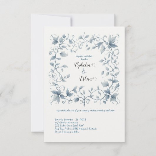 Waterverf Dusty Blue Floral bruiloft uitnodiging (Voorkant)