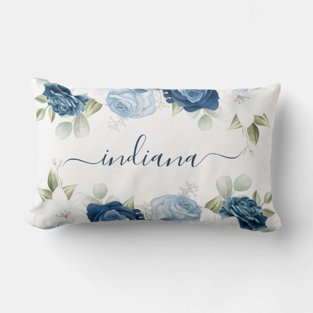 Waterverf Dusty Blue Floral Elegant Monogram Kussen (Voorkant)