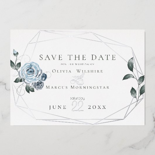 Waterverf Dusty Blue Floral Folie Uitnodiging (Voorkant)