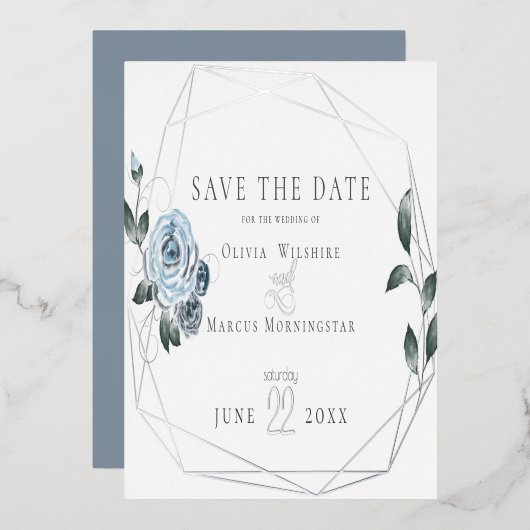 Waterverf Dusty Blue Floral Folie Uitnodiging (Voorkant / Achterkant)
