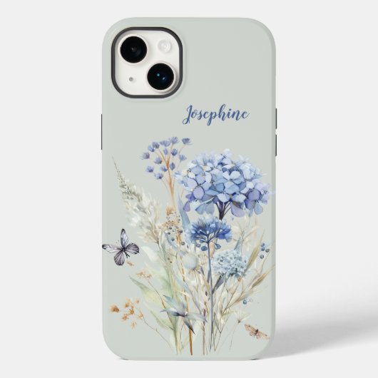 Waterverf Dusty Blue Floral gepersonaliseerd Case-Mate iPhone Case (Achterkant)