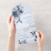 Waterverf Dusty Blue Floral op Blue QR Code All In One Uitnodiging (Afscheurbaar)