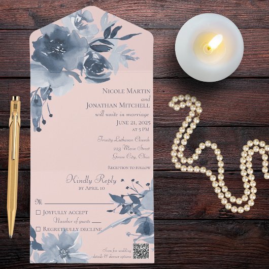 Waterverf Dusty Blue Floral op Blush met QR Code All In One Uitnodiging