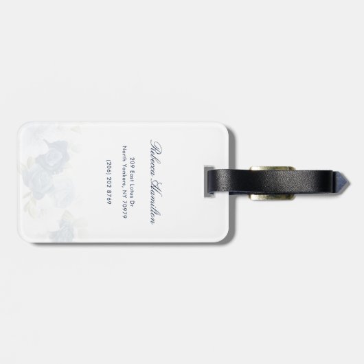 Waterverf Dusty Blue Floral Script Custom Bagagelabel (Achterkant horizontaal)