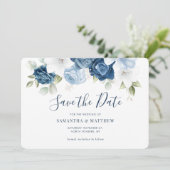 Waterverf Dusty Blue Floral Script Save The Date (Staand voorkant)