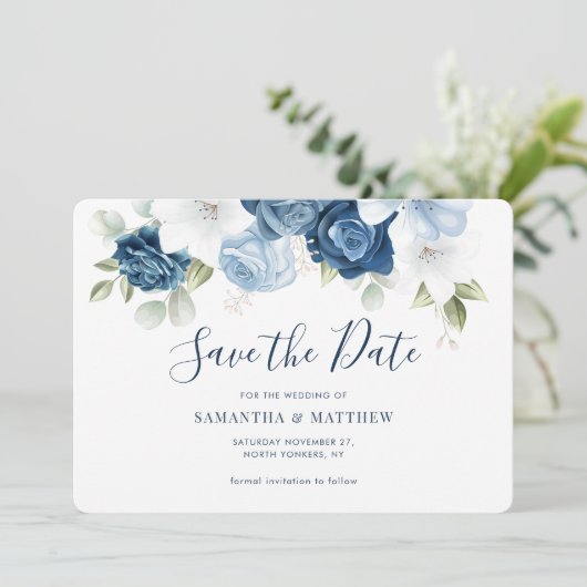 Waterverf Dusty Blue Floral Script Save The Date (Staand voorkant)