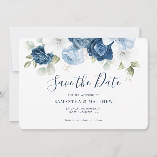 Waterverf Dusty Blue Floral Script Save The Date (Voorkant)
