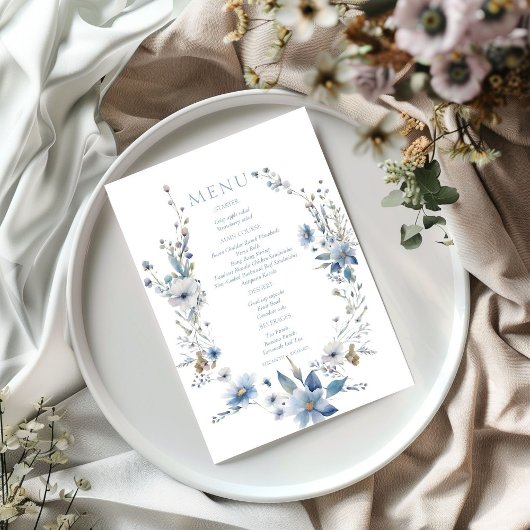 Waterverf Dusty Blue Floral Spring bloom Wedding Menu